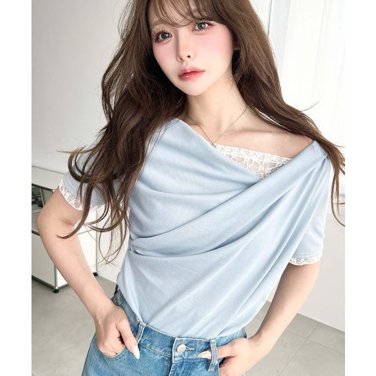 ブルー | レースドッキングドレープ半袖Tシャツ | moment+