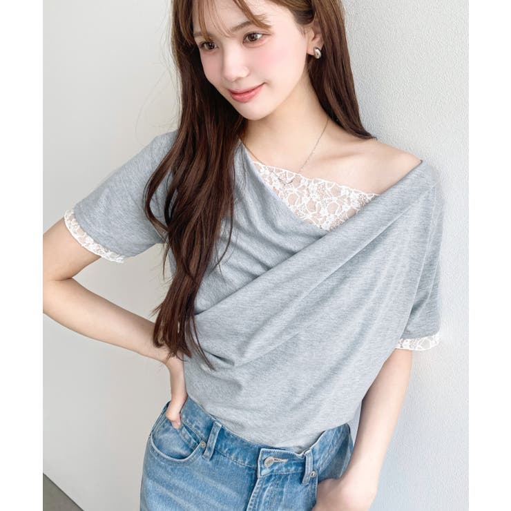 杢グレー | レースドッキングドレープ半袖Tシャツ | moment+