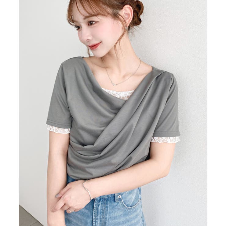 チャコールグレー | レースドッキングドレープ半袖Tシャツ | moment+