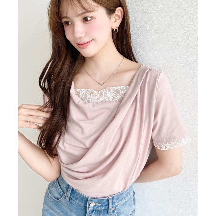 ピンク | レースドッキングドレープ半袖Tシャツ | moment+