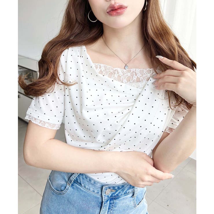 ホワイト系その他 | レースドッキングドレープ半袖Tシャツ | moment+