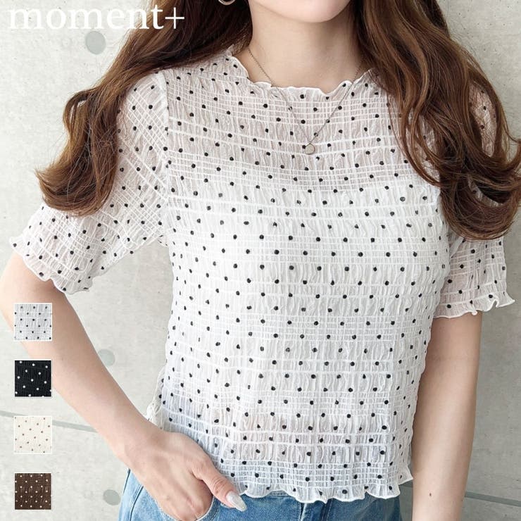 ドット柄半袖Tシャツ スモッキングレース | moment+ | 詳細画像1 