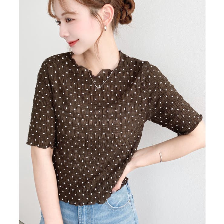 ブラウン | ドット柄半袖Tシャツ スモッキングレース | moment+