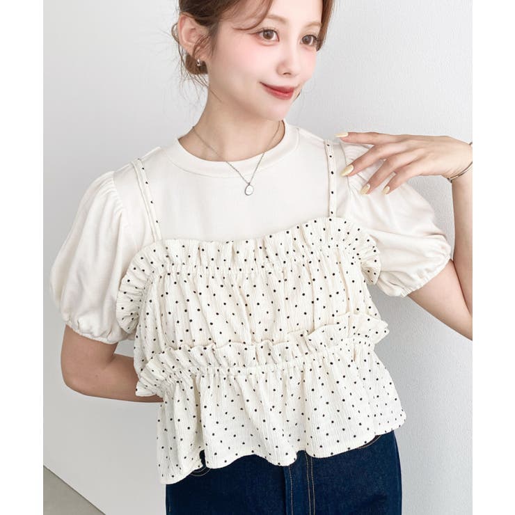 ＼単品着用可◎／ドットプリントビスチェセットパフスリーブリブカットソートップス | moment+ | 詳細画像18 