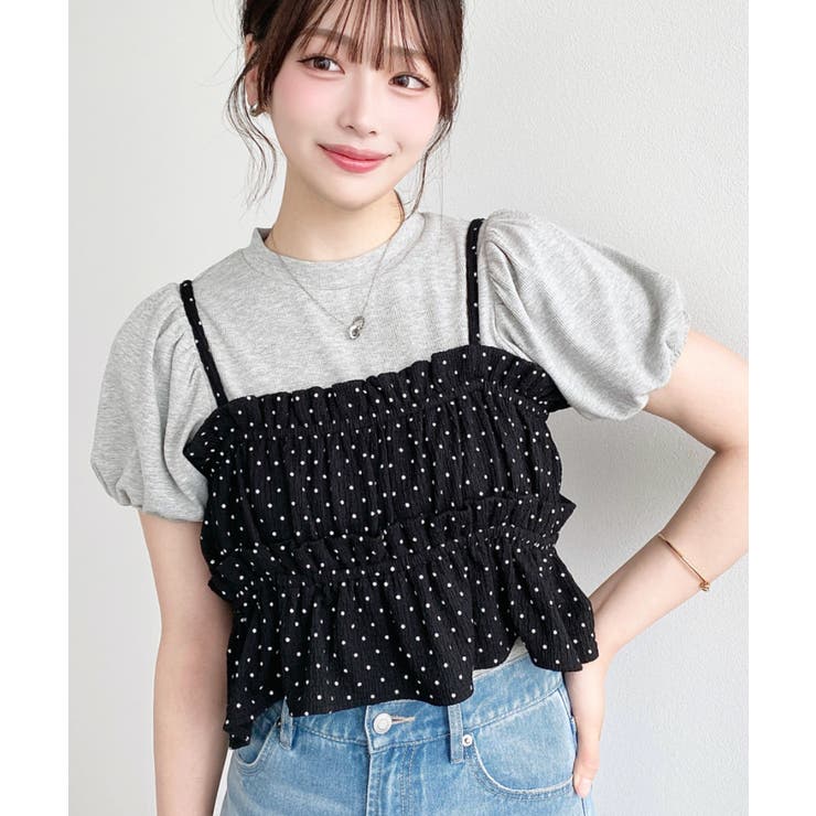 ＼単品着用可◎／ドットプリントビスチェセットパフスリーブリブカットソートップス | moment+ | 詳細画像34 