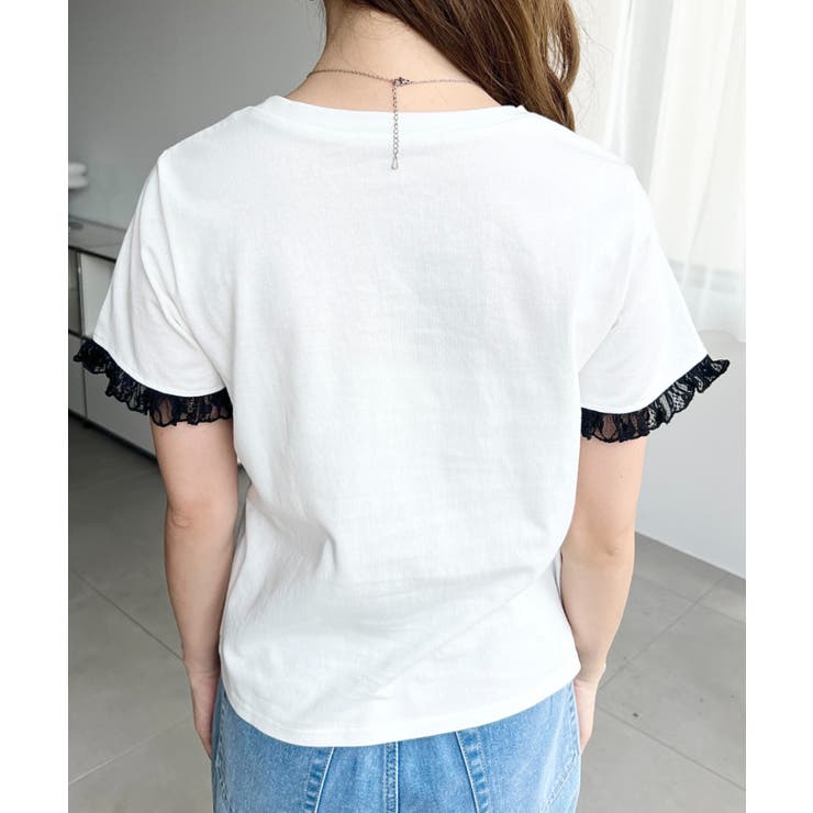 ドットロゴプリント袖口レースフリル半袖Tシャツ | moment+ | 詳細画像11 