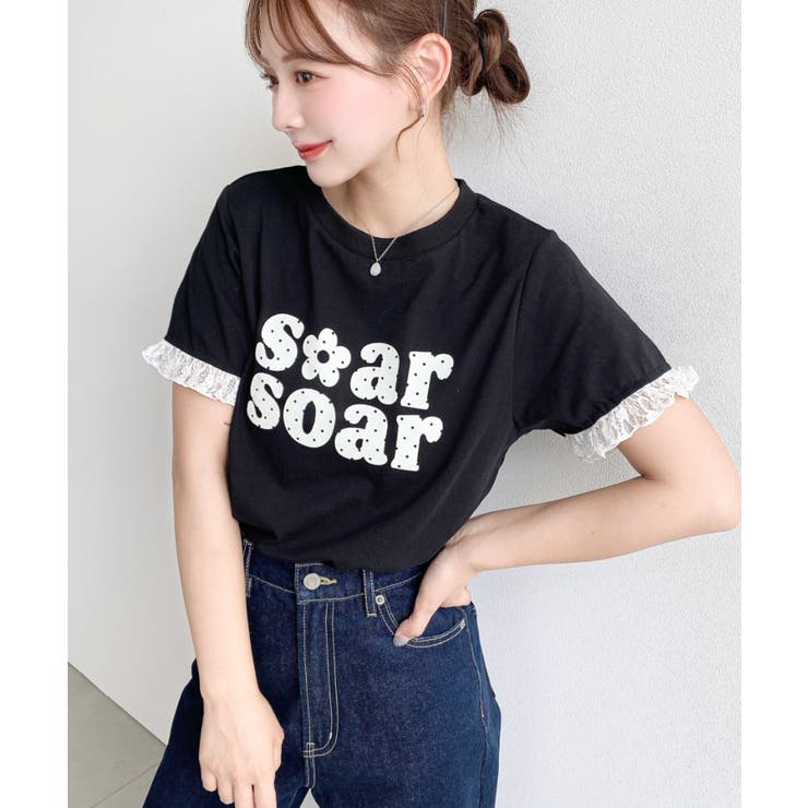 ドットロゴプリント袖口レースフリル半袖Tシャツ | moment+ | 詳細画像16 
