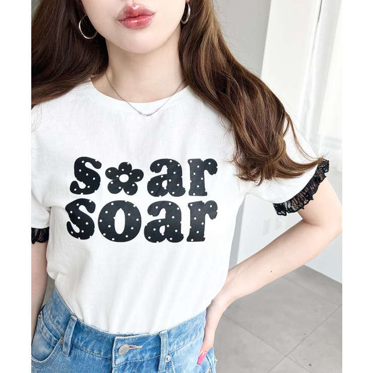 ドットロゴプリント袖口レースフリル半袖Tシャツ | moment+ | 詳細画像2 