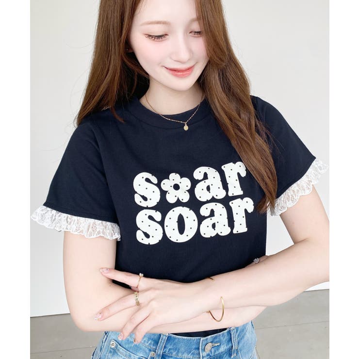 ドットロゴプリント袖口レースフリル半袖Tシャツ | moment+ | 詳細画像24 