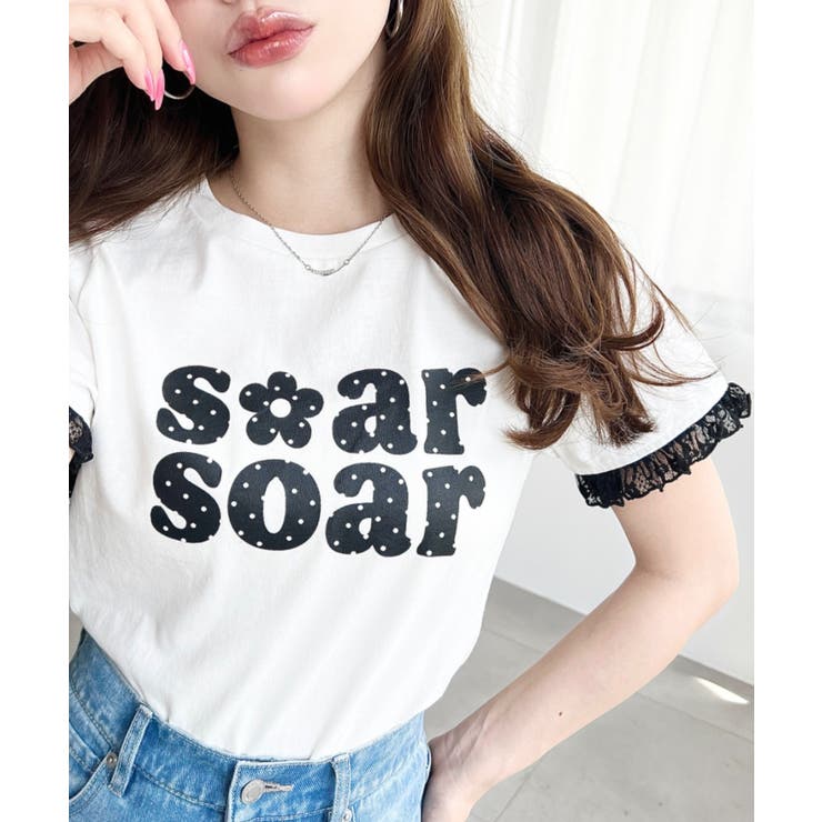 ドットロゴプリント袖口レースフリル半袖Tシャツ | moment+ | 詳細画像3 