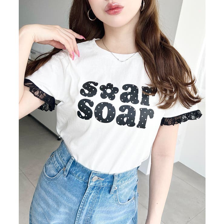 ドットロゴプリント袖口レースフリル半袖Tシャツ | moment+ | 詳細画像4 