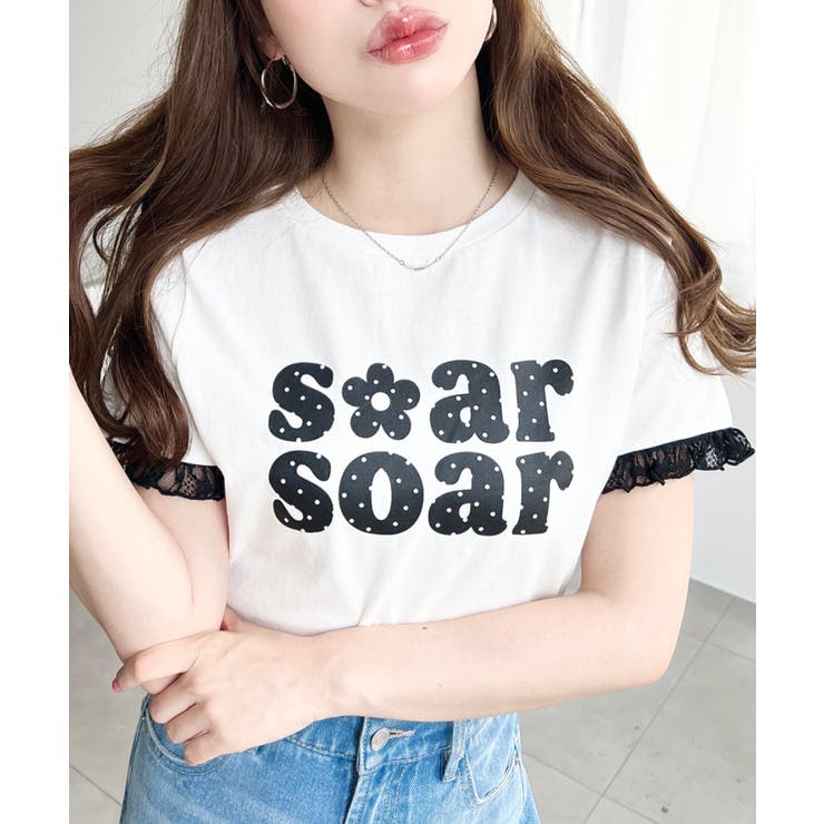 オフホワイト | ドットロゴプリント袖口レースフリル半袖Tシャツ | moment+