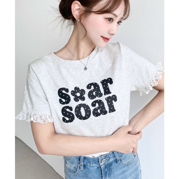 オートミール | ドットロゴプリント袖口レースフリル半袖Tシャツ | moment+
