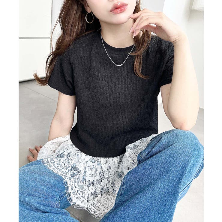 ブラック | 裾フリルレース半袖Tシャツ | moment+