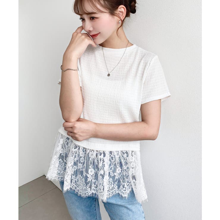 オフホワイト | 裾フリルレース半袖Tシャツ | moment+