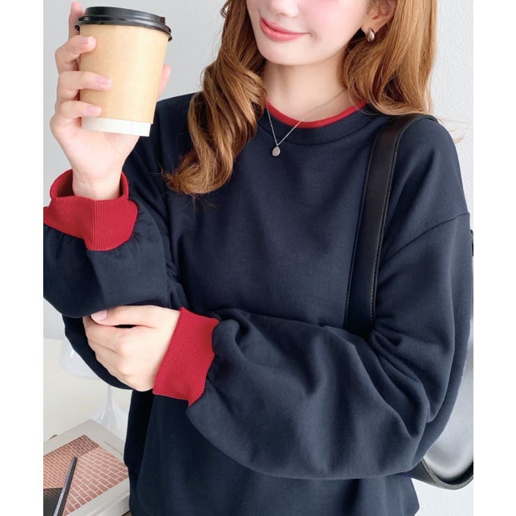 ネイビー | ＼裏毛でさらっと◎／バイカラー配色リブ裏毛スウェットプルオーバー | moment+