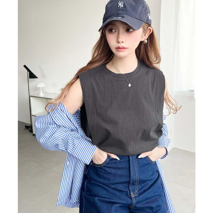 無地＆ボーダーショルダータックノースリーブTシャツ 綿100％天竺. | moment+ | 詳細画像13 