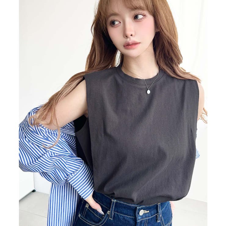 無地＆ボーダーショルダータックノースリーブTシャツ 綿100％天竺. | moment+ | 詳細画像14 