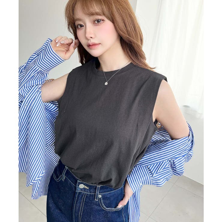 無地＆ボーダーショルダータックノースリーブTシャツ 綿100％天竺. | moment+ | 詳細画像15 