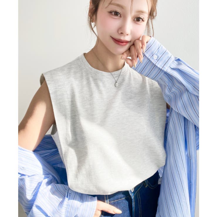 無地＆ボーダーショルダータックノースリーブTシャツ 綿100％天竺. | moment+ | 詳細画像17 
