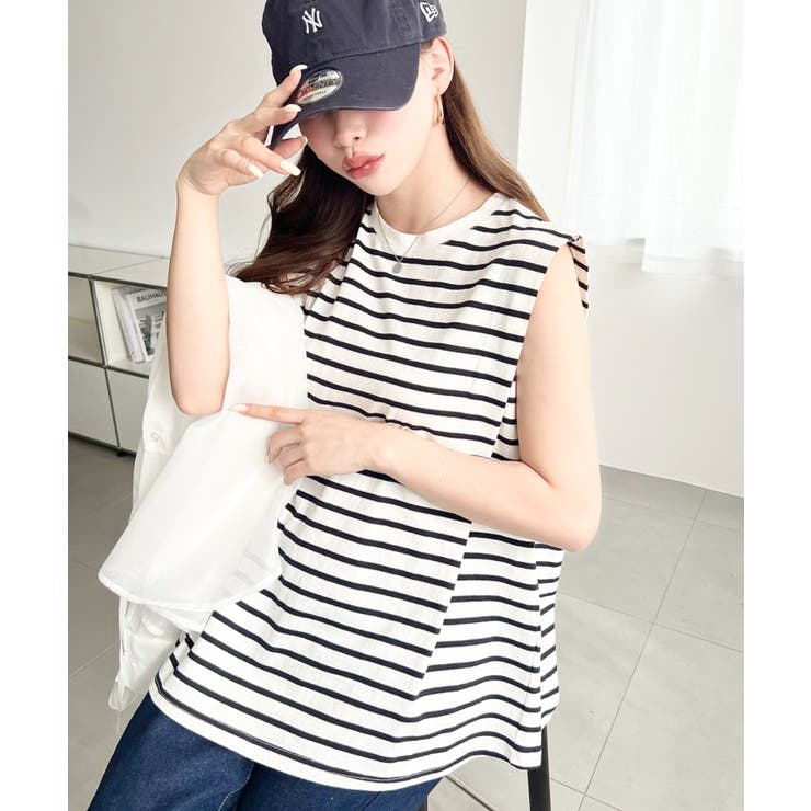 無地＆ボーダーショルダータックノースリーブTシャツ 綿100％天竺. | moment+ | 詳細画像30 