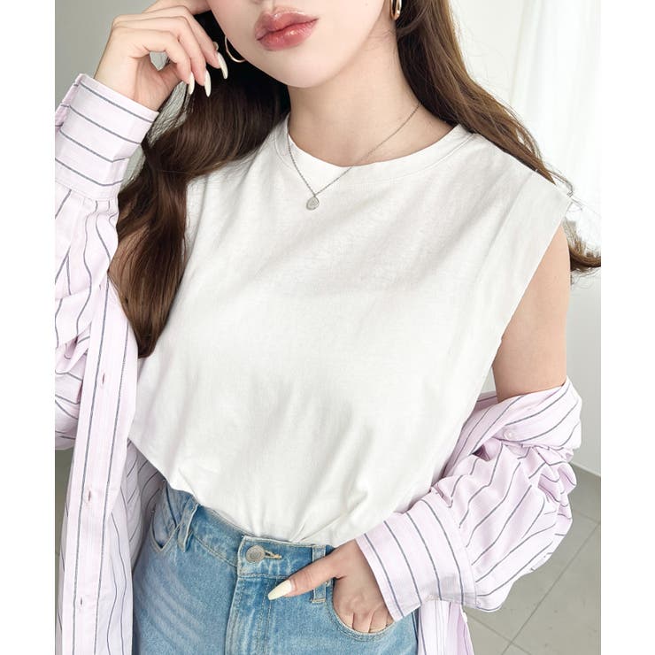 無地＆ボーダーショルダータックノースリーブTシャツ 綿100％天竺. | moment+ | 詳細画像4 