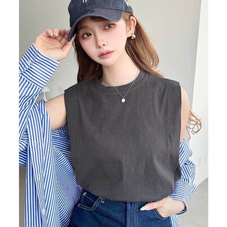 チャコールグレー | 無地＆ボーダーショルダータックノースリーブTシャツ 綿100％天竺. | moment+