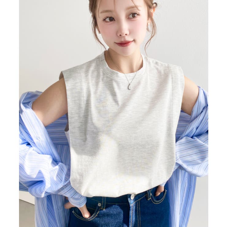 オートミール | 無地＆ボーダーショルダータックノースリーブTシャツ 綿100％天竺. | moment+