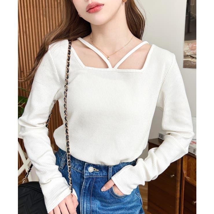 オフホワイト | 前後2WAY スクエアホルターネックプルオーバー	T/Cカットテレコリブ | moment+