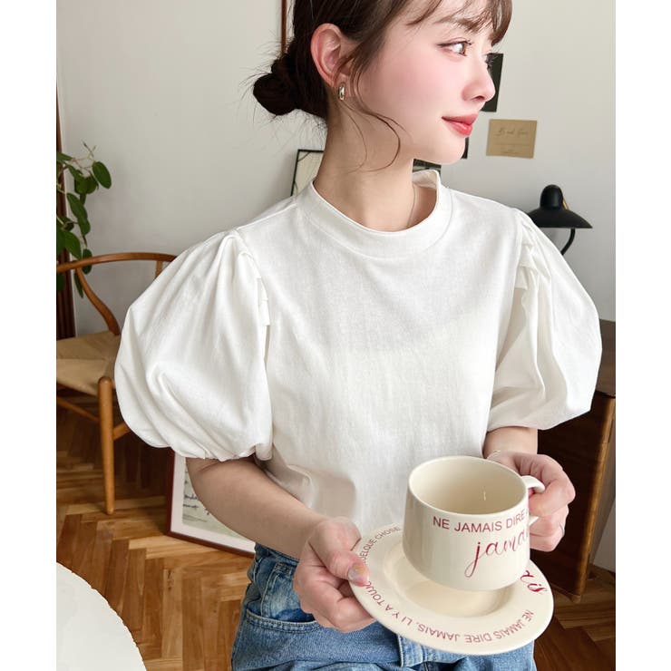 オフホワイト | バックリボンパフスリーブ半袖Tシャツ | moment+