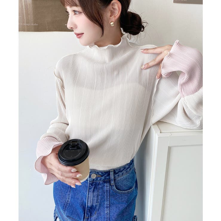 マットサテンプリーツ ハイネックメロープルオーバー無地＆袖配色 | moment+ | 詳細画像10 