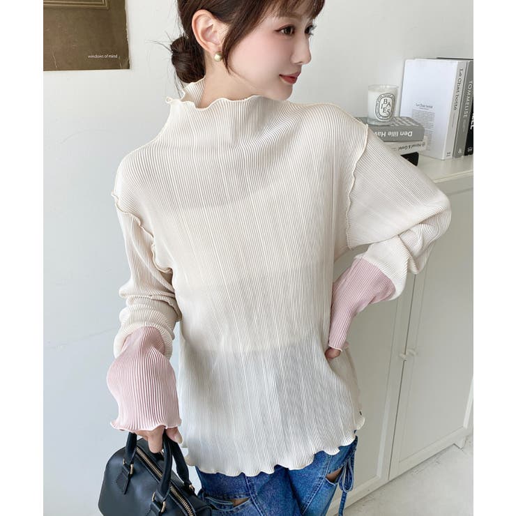 マットサテンプリーツ ハイネックメロープルオーバー無地＆袖配色[品番