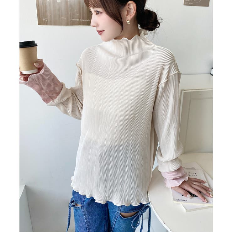 マットサテンプリーツ ハイネックメロープルオーバー無地＆袖配色 | moment+ | 詳細画像12 