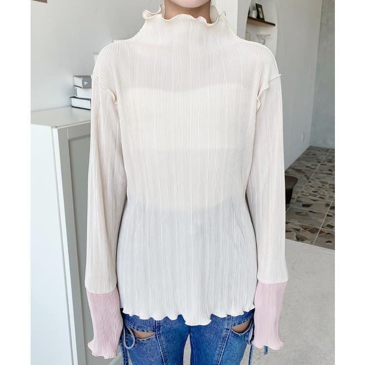 マットサテンプリーツ ハイネックメロープルオーバー無地＆袖配色 | moment+ | 詳細画像13 