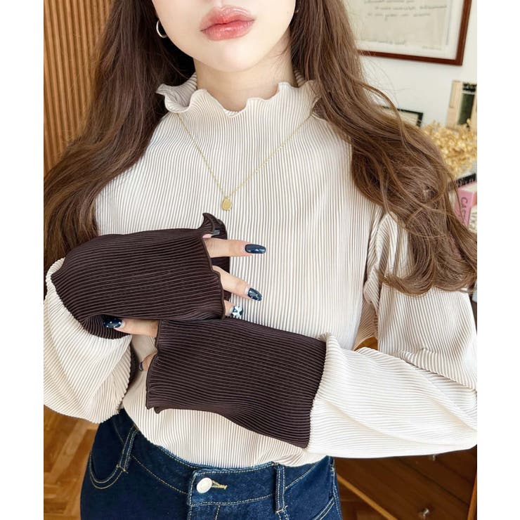 マットサテンプリーツ ハイネックメロープルオーバー無地＆袖配色 | moment+ | 詳細画像16 