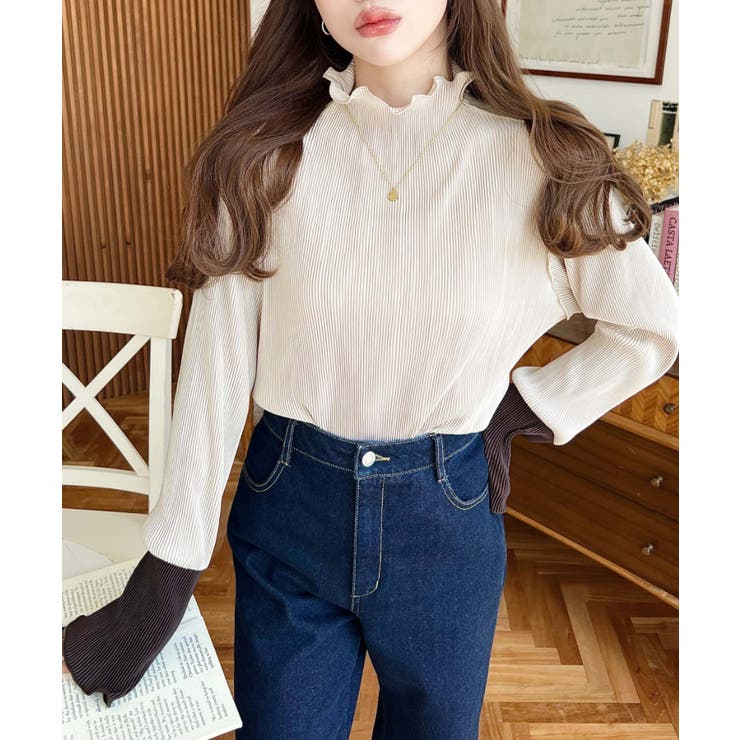 マットサテンプリーツ ハイネックメロープルオーバー無地＆袖配色 | moment+ | 詳細画像18 