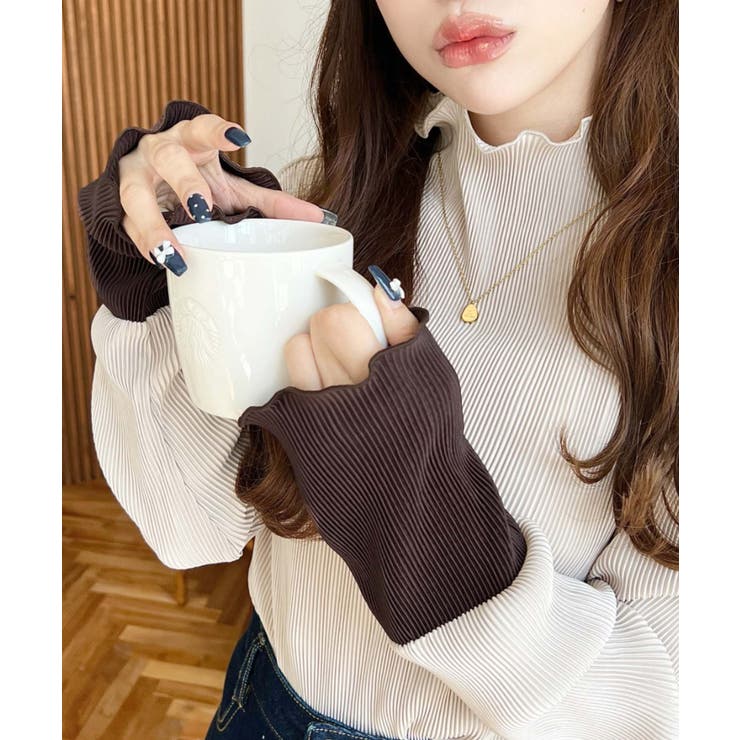 マットサテンプリーツ ハイネックメロープルオーバー無地＆袖配色 | moment+ | 詳細画像19 