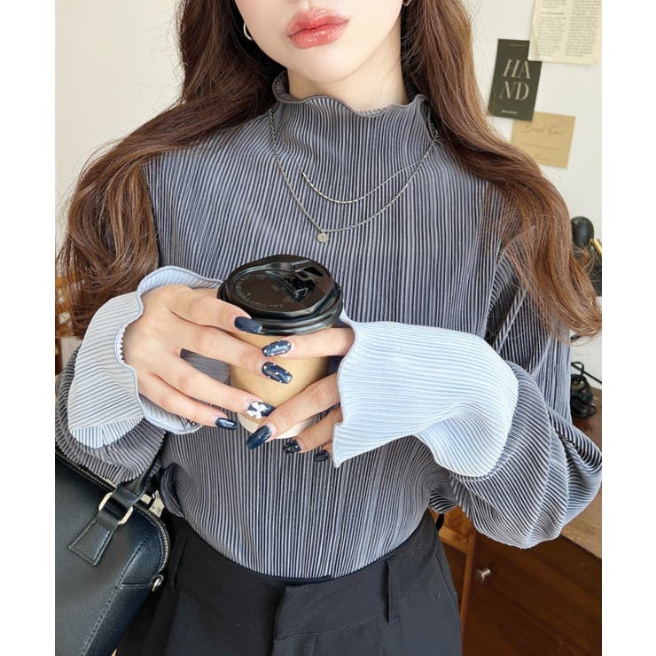 マットサテンプリーツ ハイネックメロープルオーバー無地＆袖配色 | moment+ | 詳細画像20 