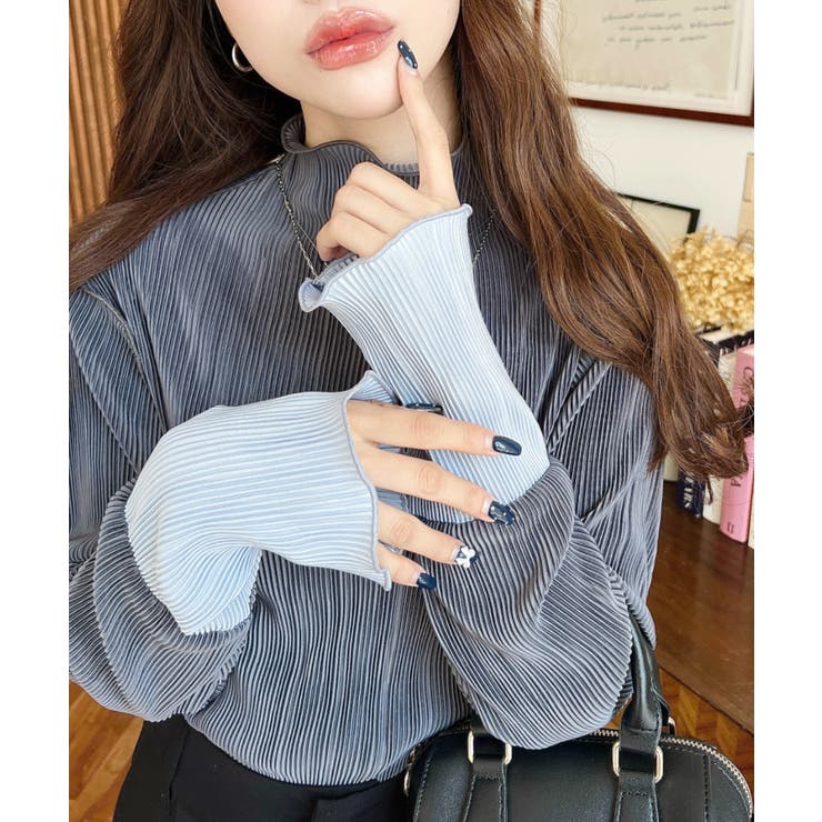 マットサテンプリーツ ハイネックメロープルオーバー無地＆袖配色 | moment+ | 詳細画像23 