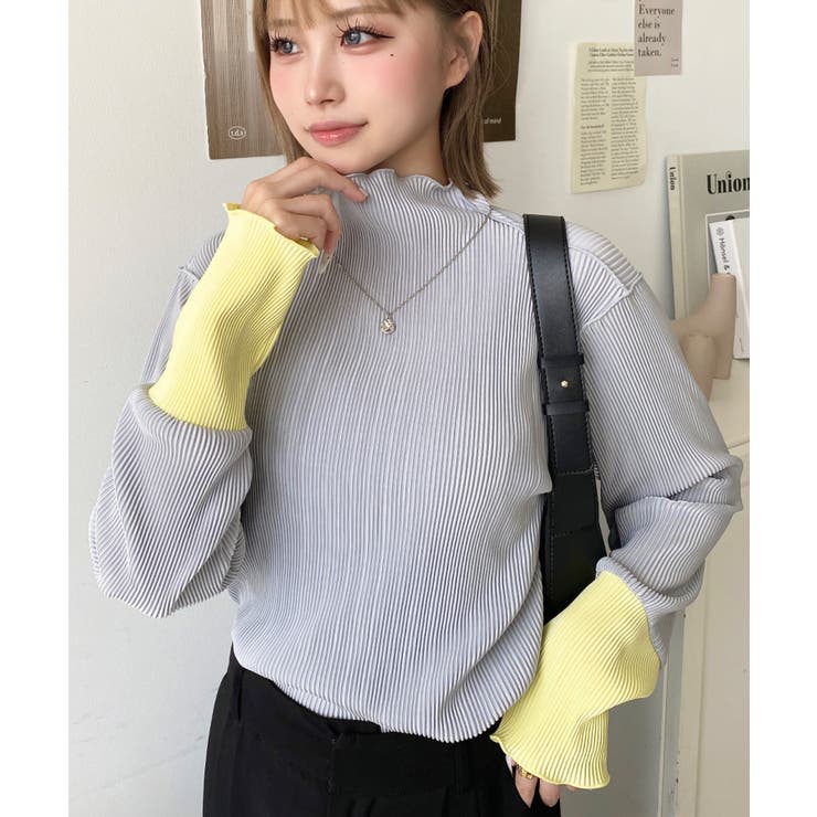 マットサテンプリーツ ハイネックメロープルオーバー無地＆袖配色[品番