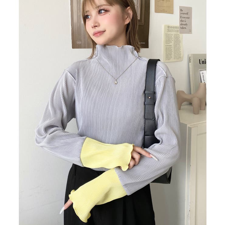 マットサテンプリーツ ハイネックメロープルオーバー無地＆袖配色 | moment+ | 詳細画像26 