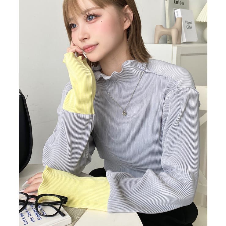 マットサテンプリーツ ハイネックメロープルオーバー無地＆袖配色 | moment+ | 詳細画像27 