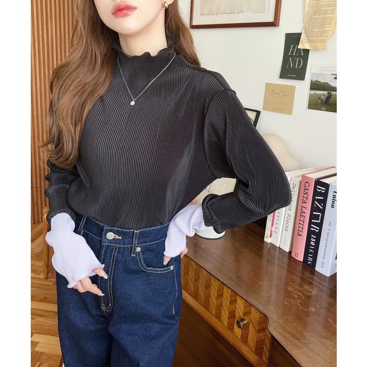 マットサテンプリーツ ハイネックメロープルオーバー無地＆袖配色[品番