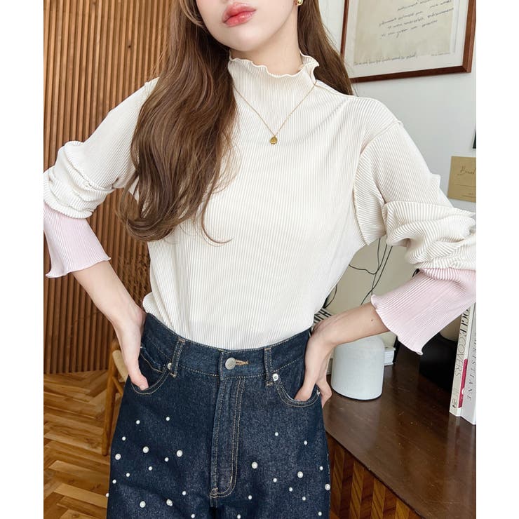 マットサテンプリーツ ハイネックメロープルオーバー無地＆袖配色 | moment+ | 詳細画像4 