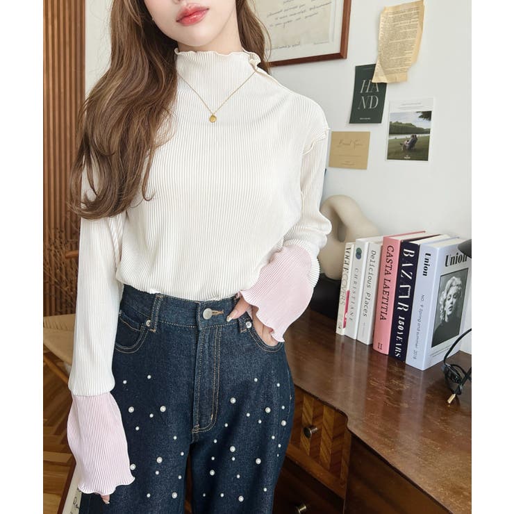 マットサテンプリーツ ハイネックメロープルオーバー無地＆袖配色 | moment+ | 詳細画像5 