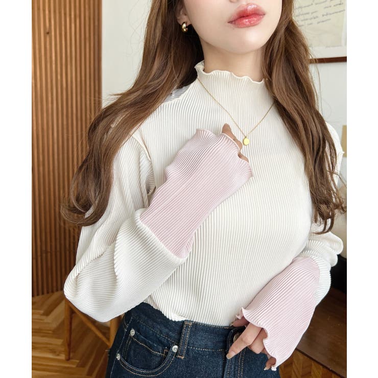 マットサテンプリーツ ハイネックメロープルオーバー無地＆袖配色 | moment+ | 詳細画像6 