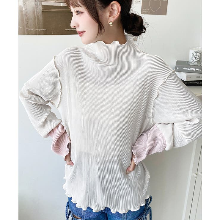 マットサテンプリーツ ハイネックメロープルオーバー無地＆袖配色 | moment+ | 詳細画像7 