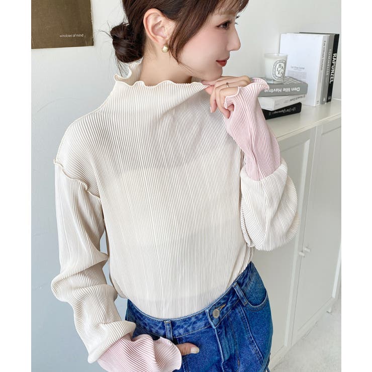 マットサテンプリーツ ハイネックメロープルオーバー無地＆袖配色 | moment+ | 詳細画像8 