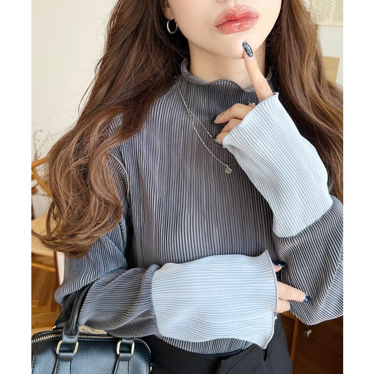 チャコールグレー | マットサテンプリーツ ハイネックメロープルオーバー無地＆袖配色 | moment+