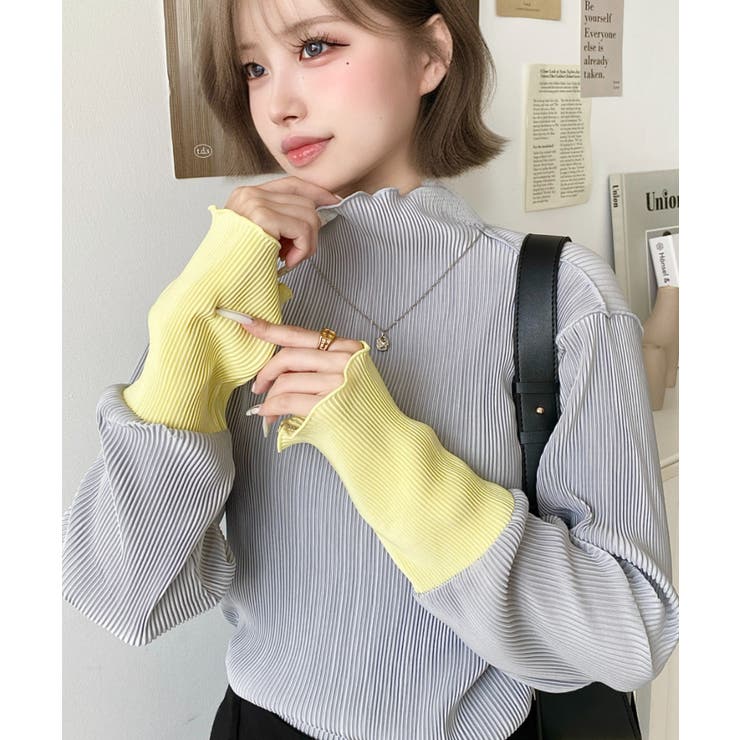 マットサテンプリーツ ハイネックメロープルオーバー無地＆袖配色[品番